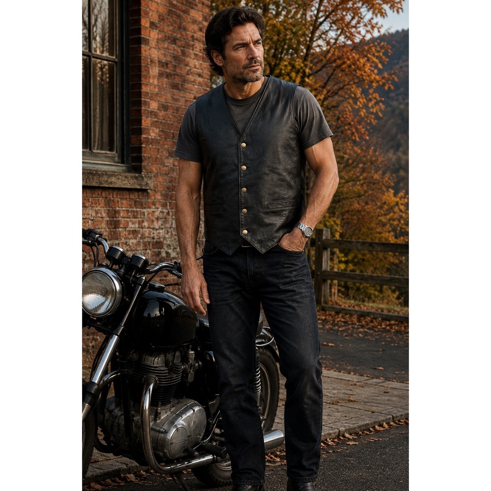 Wilsons Leather Men's Large Black Genuine Leather Motorcycle Biker Vest